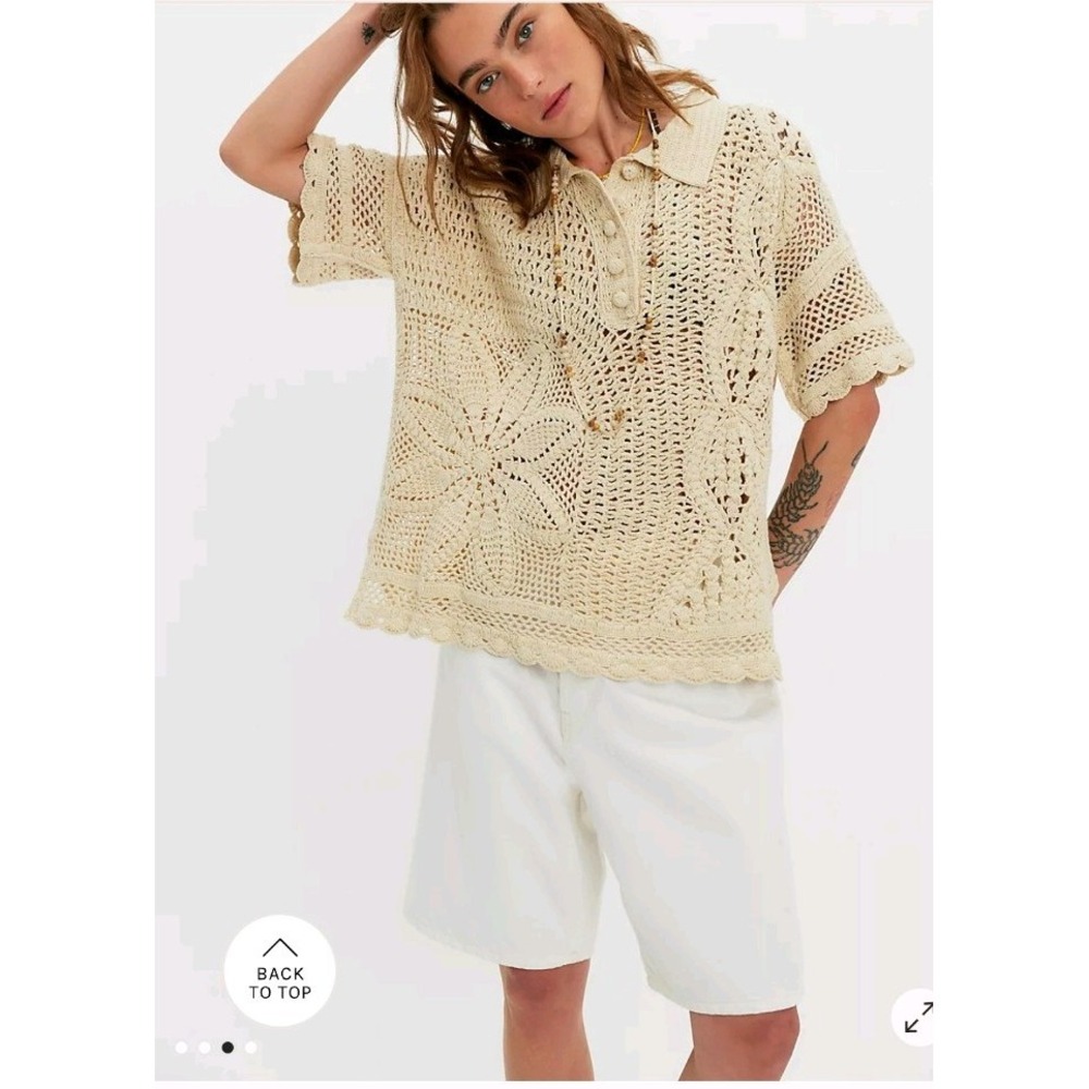 NWT We The Free Ivory Dahlia Floral Crochet Cotton Polo. Pullover Oversized XS